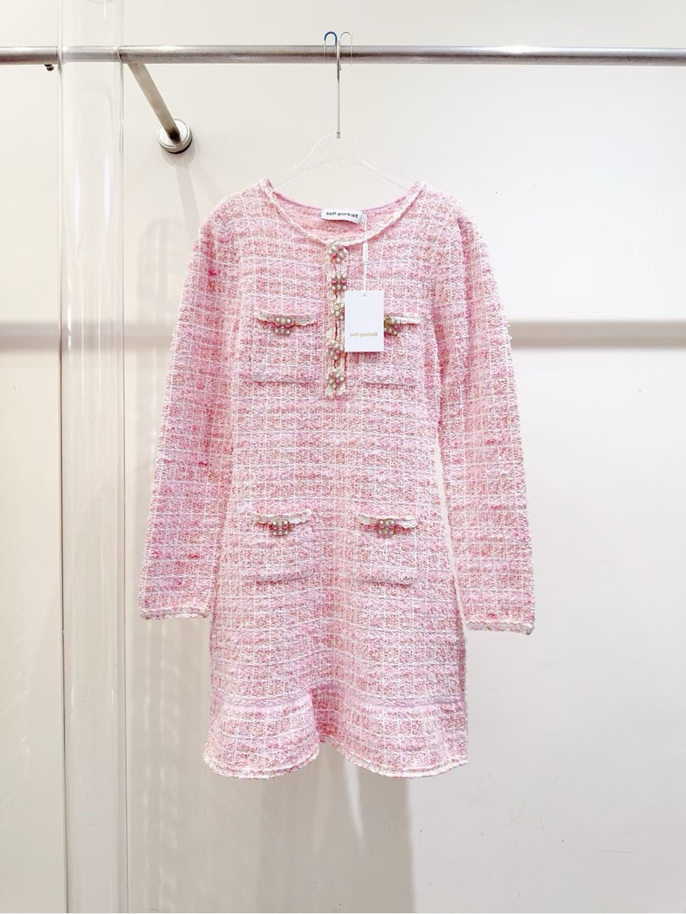 Self-Portrait Pink Tweed Pearl-Embellished Long-Sleeve Dress